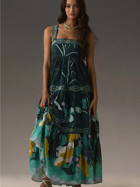 Anthropologie Dresses & Skirts - Anthropologie Teal Green Floral Tiered Maxi Dress